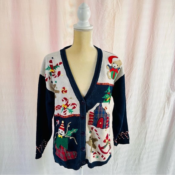 Vintage Holiday Christmas Cardigan Navy Blue Crystal-Kobe Size Medium V Neck - Picture 11 of 12